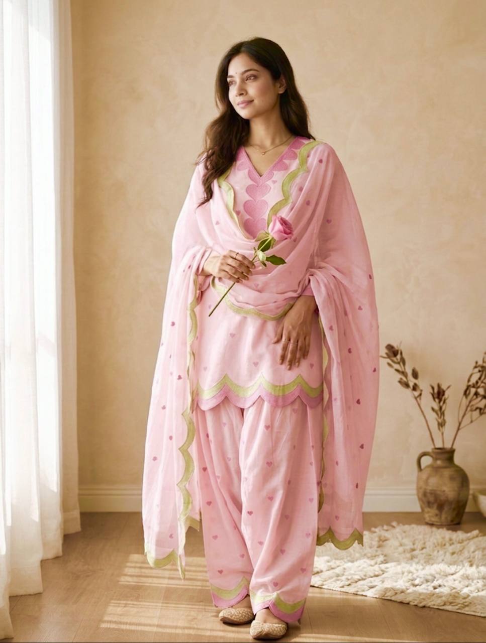 Designer Chanderi Cotton Farshi Salwar Suit Set with Embroidery, Sequence & Zari Work | Fully Stitched Kurta, Farshi Salwar & Dupatta