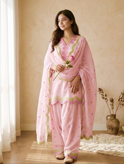 Designer Chanderi Cotton Farshi Salwar Suit Set with Embroidery, Sequence & Zari Work | Fully Stitched Kurta, Farshi Salwar & Dupatta