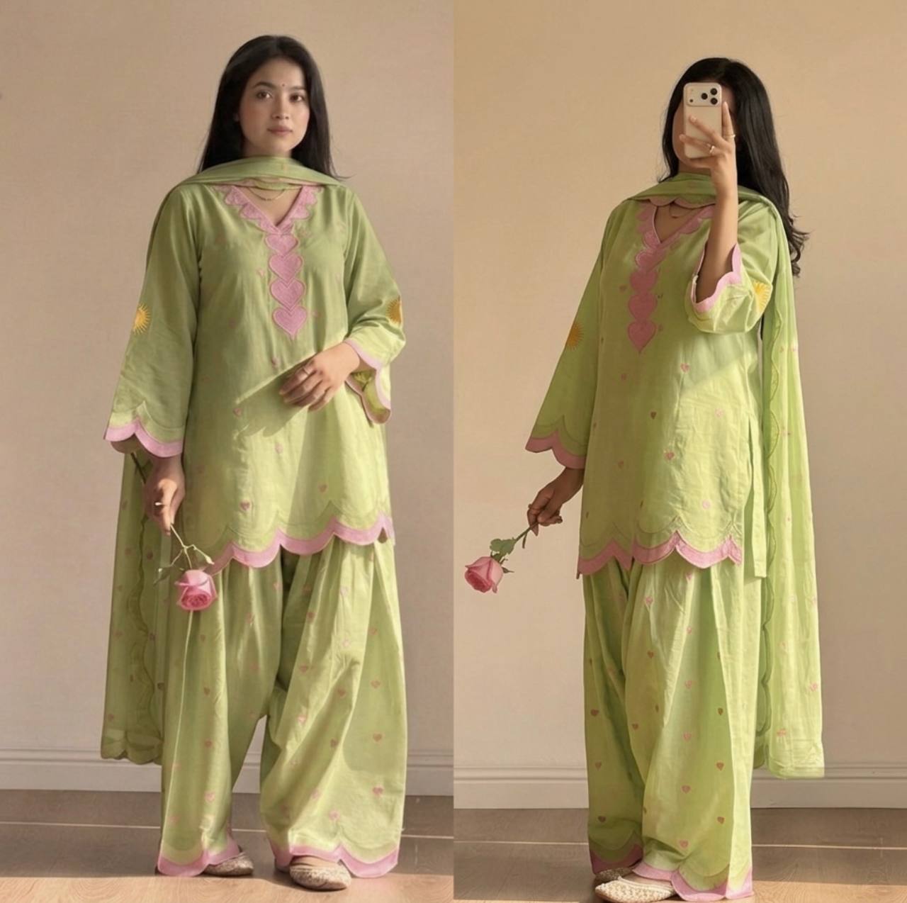 Designer Chanderi Cotton Farshi Salwar Suit Set with Embroidery, Sequence & Zari Work | Fully Stitched Kurta, Farshi Salwar & Dupatta