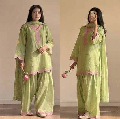 Designer Chanderi Cotton Farshi Salwar Suit Set with Embroidery, Sequence & Zari Work | Fully Stitched Kurta, Farshi Salwar & Dupatta