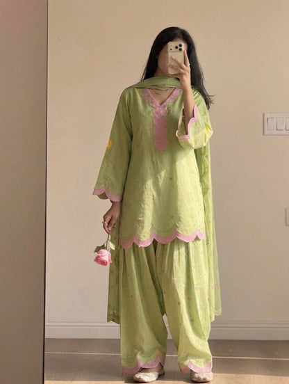 Designer Chanderi Cotton Farshi Salwar Suit Set with Embroidery, Sequence & Zari Work | Fully Stitched Kurta, Farshi Salwar & Dupatta