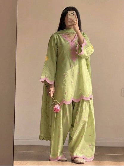 Designer Chanderi Cotton Farshi Salwar Suit Set with Embroidery, Sequence & Zari Work | Fully Stitched Kurta, Farshi Salwar & Dupatta