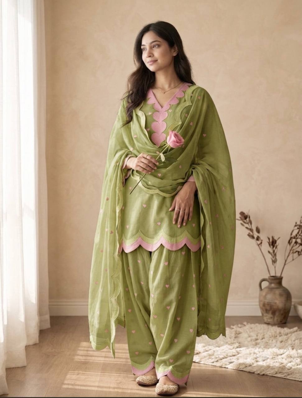 Designer Chanderi Cotton Farshi Salwar Suit Set with Embroidery, Sequence & Zari Work | Fully Stitched Kurta, Farshi Salwar & Dupatta