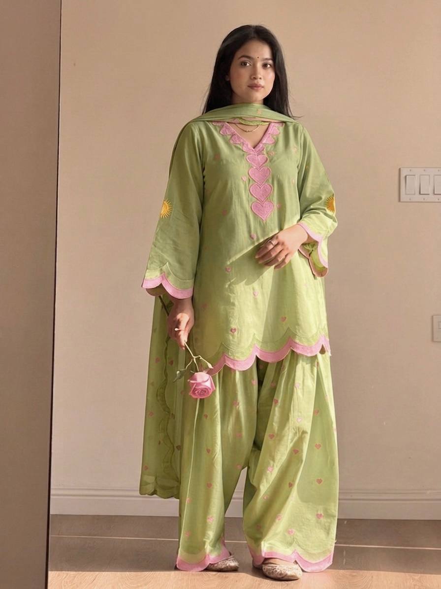 Designer Chanderi Cotton Farshi Salwar Suit Set with Embroidery, Sequence & Zari Work | Fully Stitched Kurta, Farshi Salwar & Dupatta