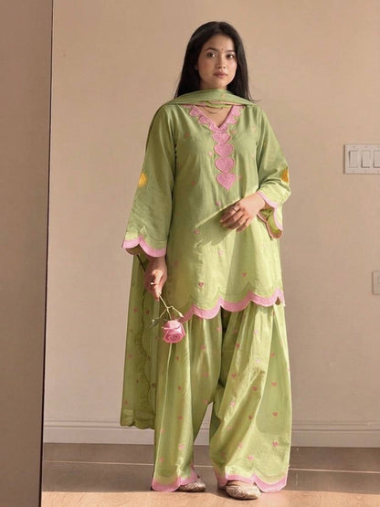 Designer Chanderi Cotton Farshi Salwar Suit Set with Embroidery, Sequence & Zari Work | Fully Stitched Kurta, Farshi Salwar & Dupatta