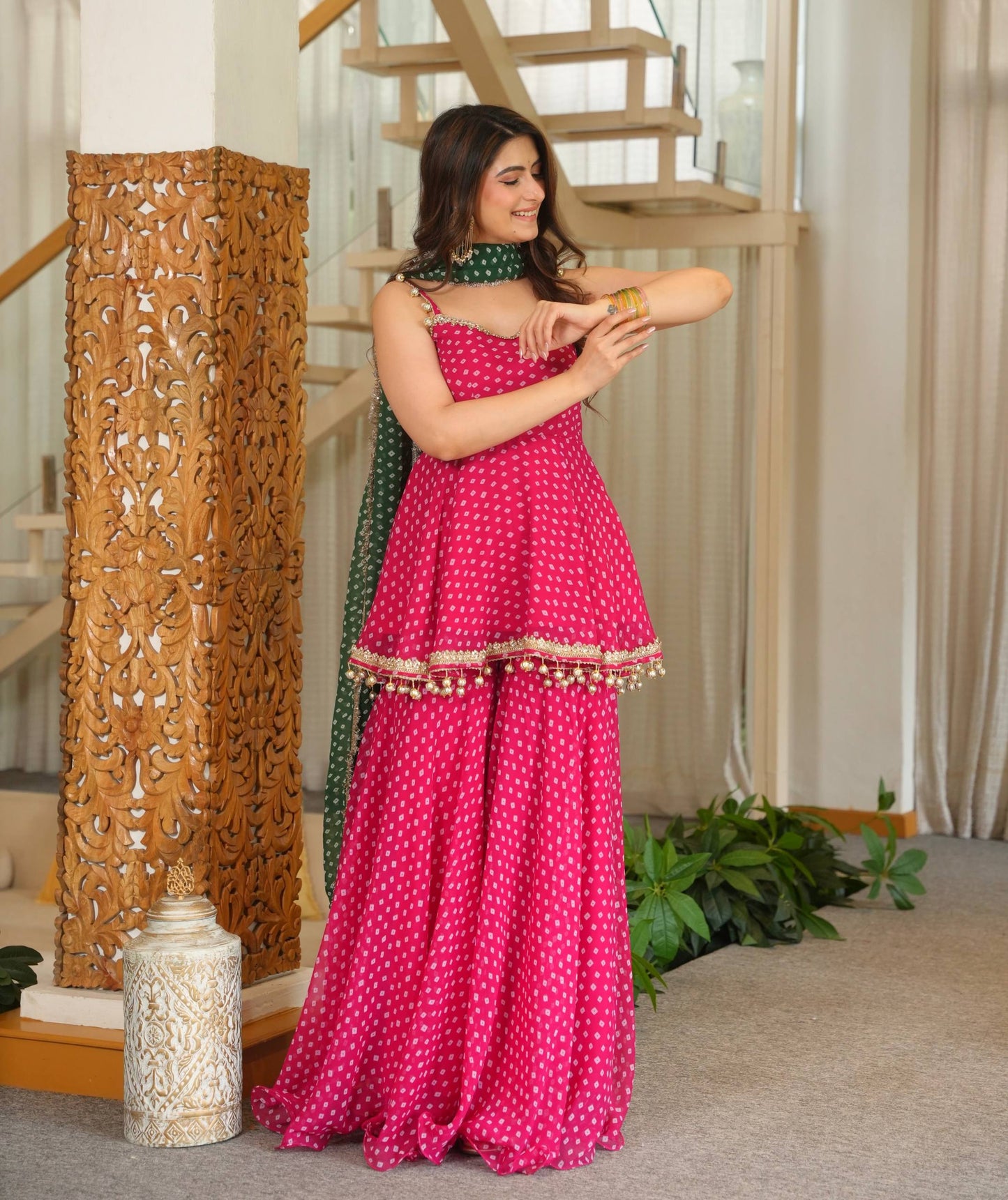 Designer Bandhej Print Kediya Palazzo Set With Dupatta