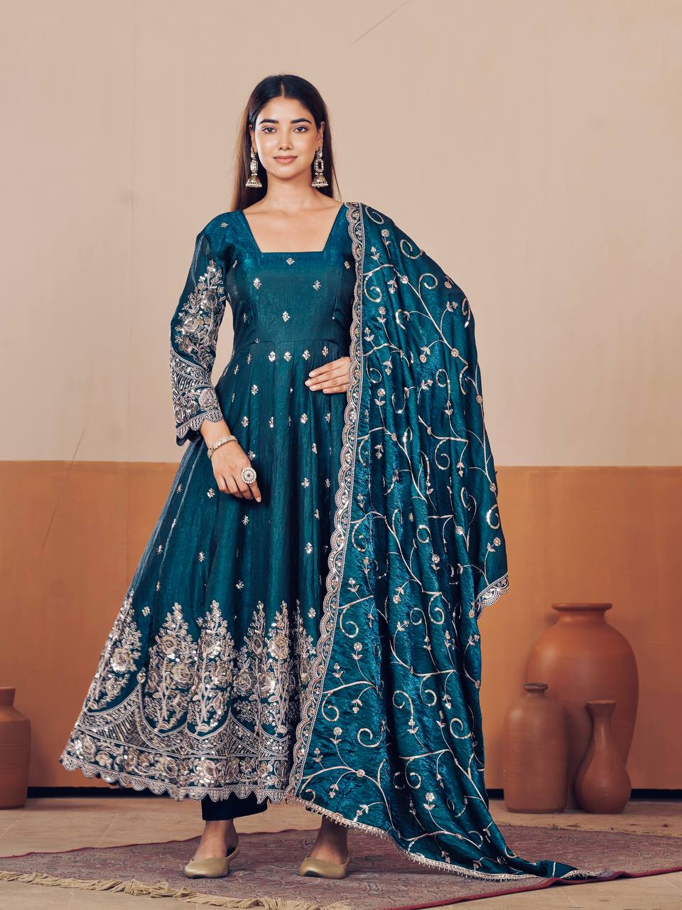 Heavy Jelly Shimmer Silk Embroidered Gown Set with Dupatta & Pant
