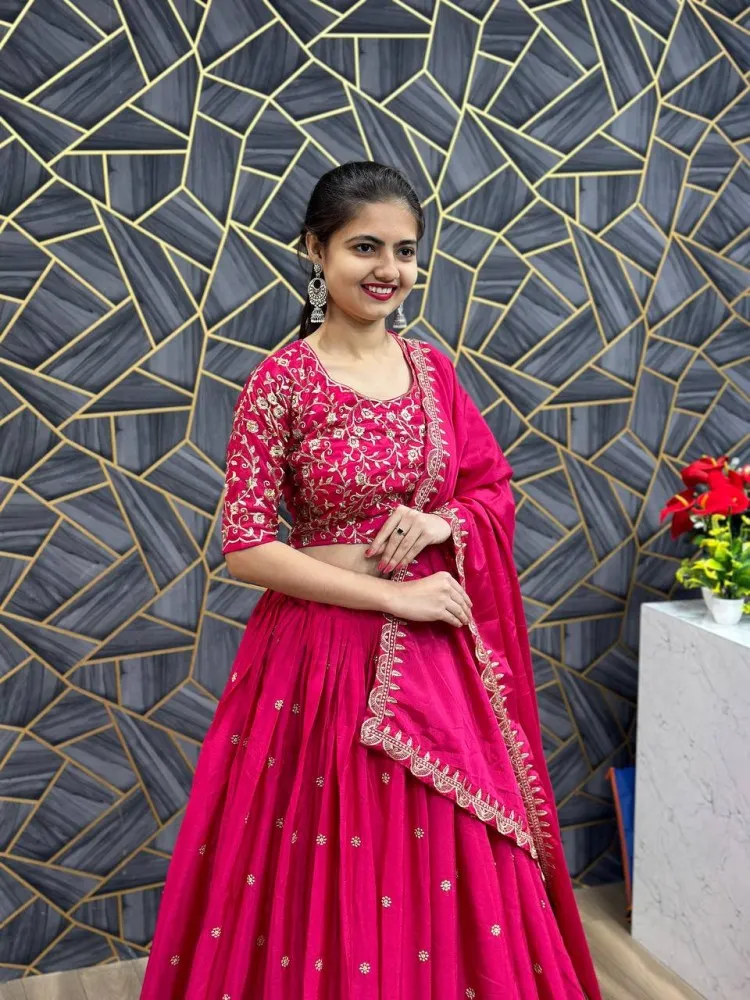 Pink Chinon Silk Lehenga Choli with Heavy Embroidery Work and Dupatta