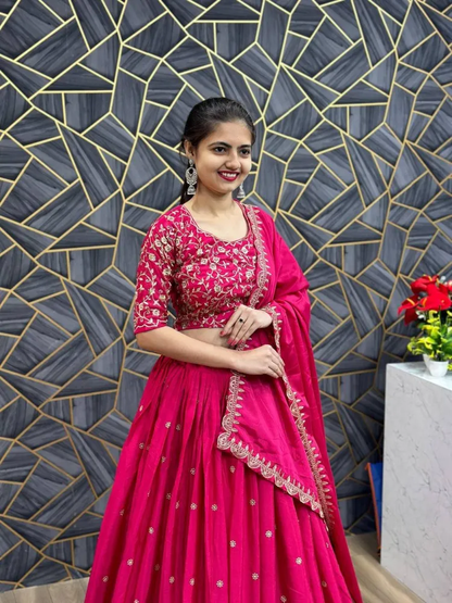 Pink Chinon Silk Lehenga Choli with Heavy Embroidery Work and Dupatta