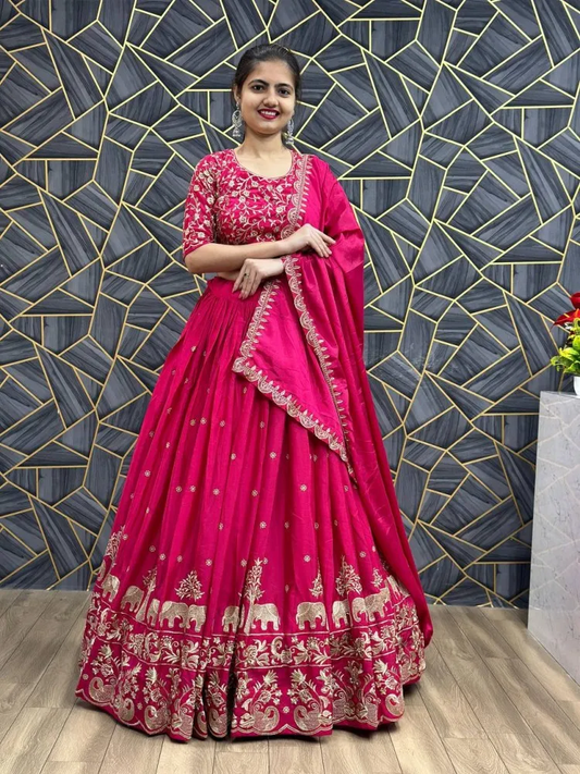 Pink Chinon Silk Lehenga Choli with Heavy Embroidery Work and Dupatta