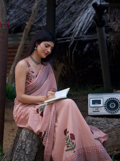 Stylish Pink Floral Printed Saree for Women in Linen Cotton Fabric
