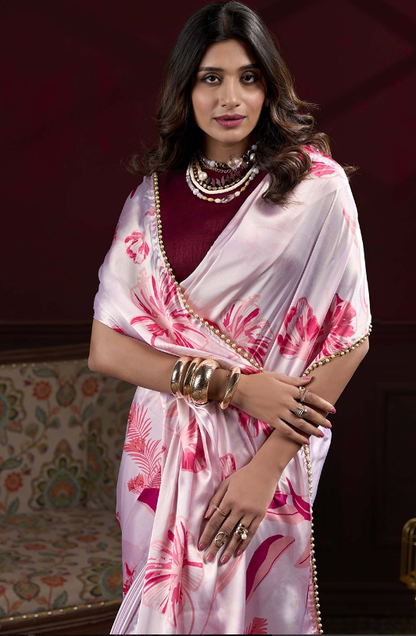 Model wearing pink floral digital print Japan satin silk saree with matching blouse piece