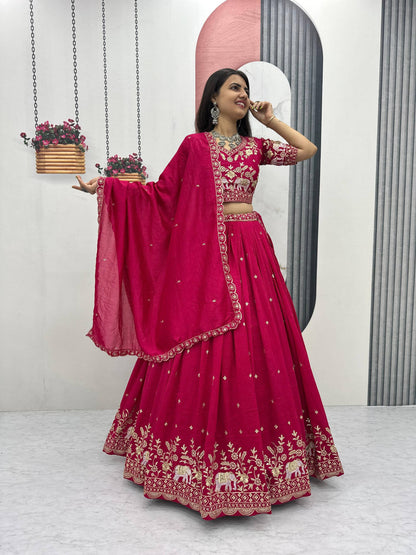 Heavy Embroidered Pink Pure Chinon Lehenga for Wedding and Festive Wear