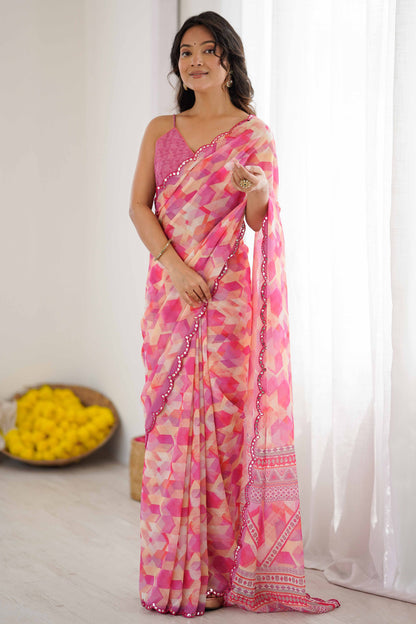 Pink Heavy Georgette Printed Saree with Mirror Work Border