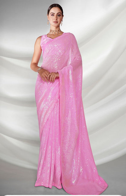 Pink Heavy Georgette Saree with Double Run Sequins Embroidery for Women
