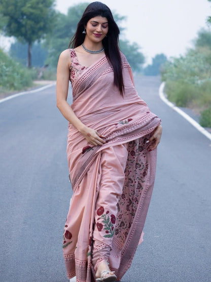 Premium Pink Linen Cotton Printed Saree for Women with Matching Blouse