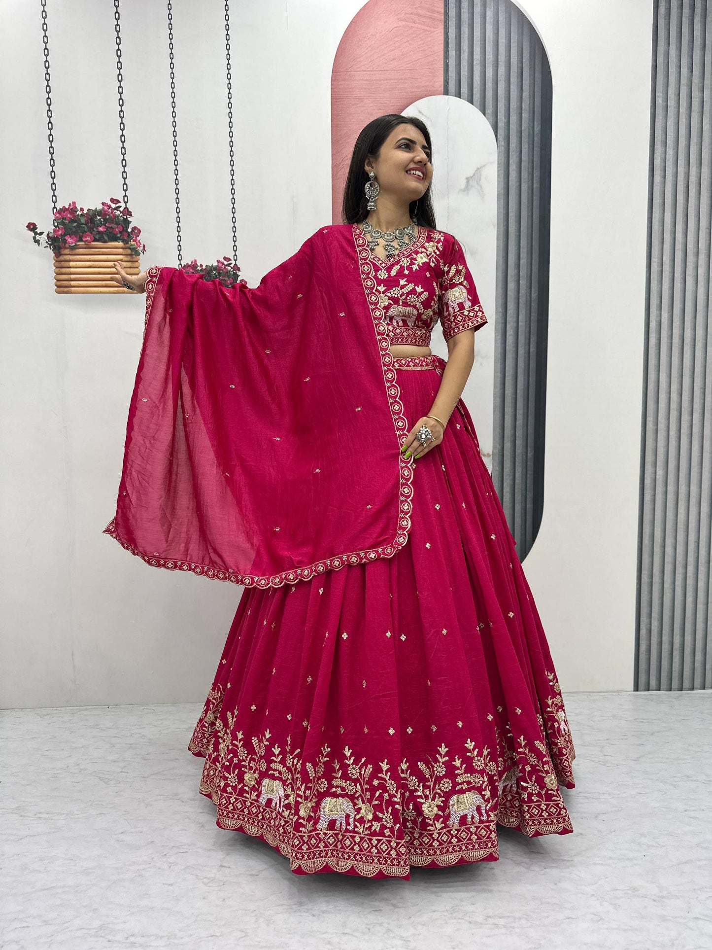 Pink Color Party Wear Pure Chinon Lehenga Choli with Matching Dupatta