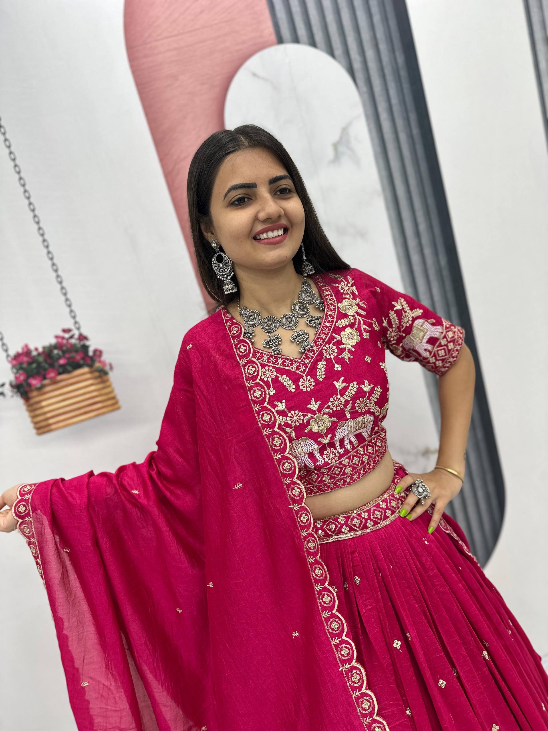 Pink Color Pure Chinon Lehenga Choli with Heavy Embroidery Work and Dupatta
