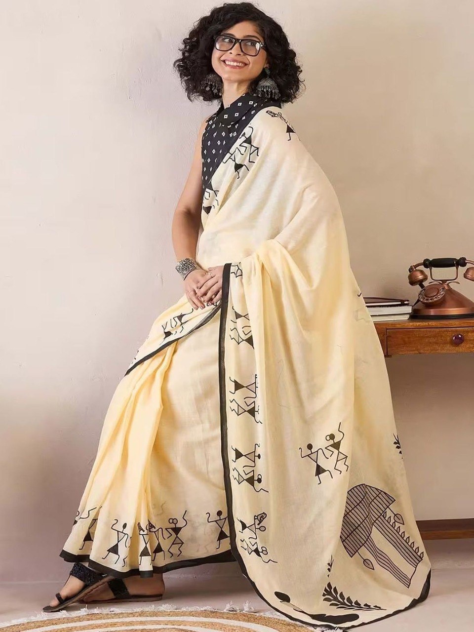 Premium Cream Digital Print Linen Cotton Saree for Office Wear and Casual Wear