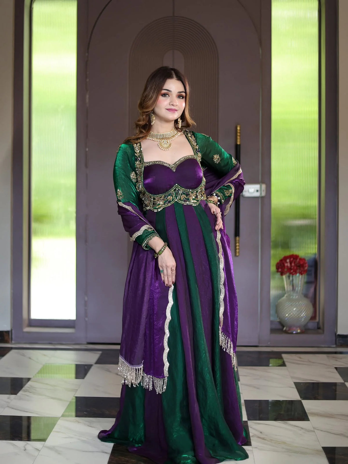 Premium Heavy Fendy Silk Anarkali suit full look with embroidered dupatta and pant