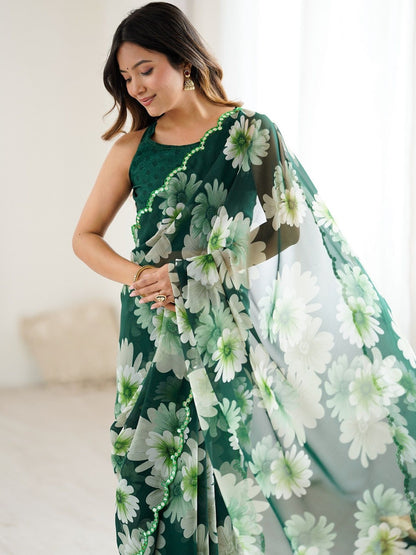 Premium green georgette silk saree featuring multicolor floral print and mirror work border
