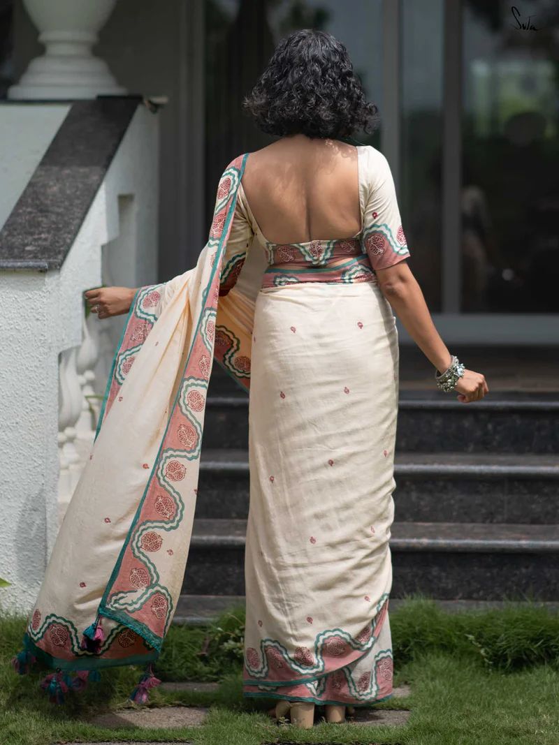 Premium Cream Linen Cotton Festival Wear Saree with Matching Soft Linen Blouse Piece