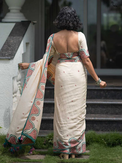 Premium Cream Linen Cotton Festival Wear Saree with Matching Soft Linen Blouse Piece