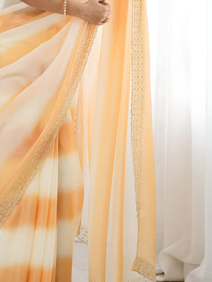 Premium orange printed patta Space Silk saree with elegant Jarkhan diamond detailing