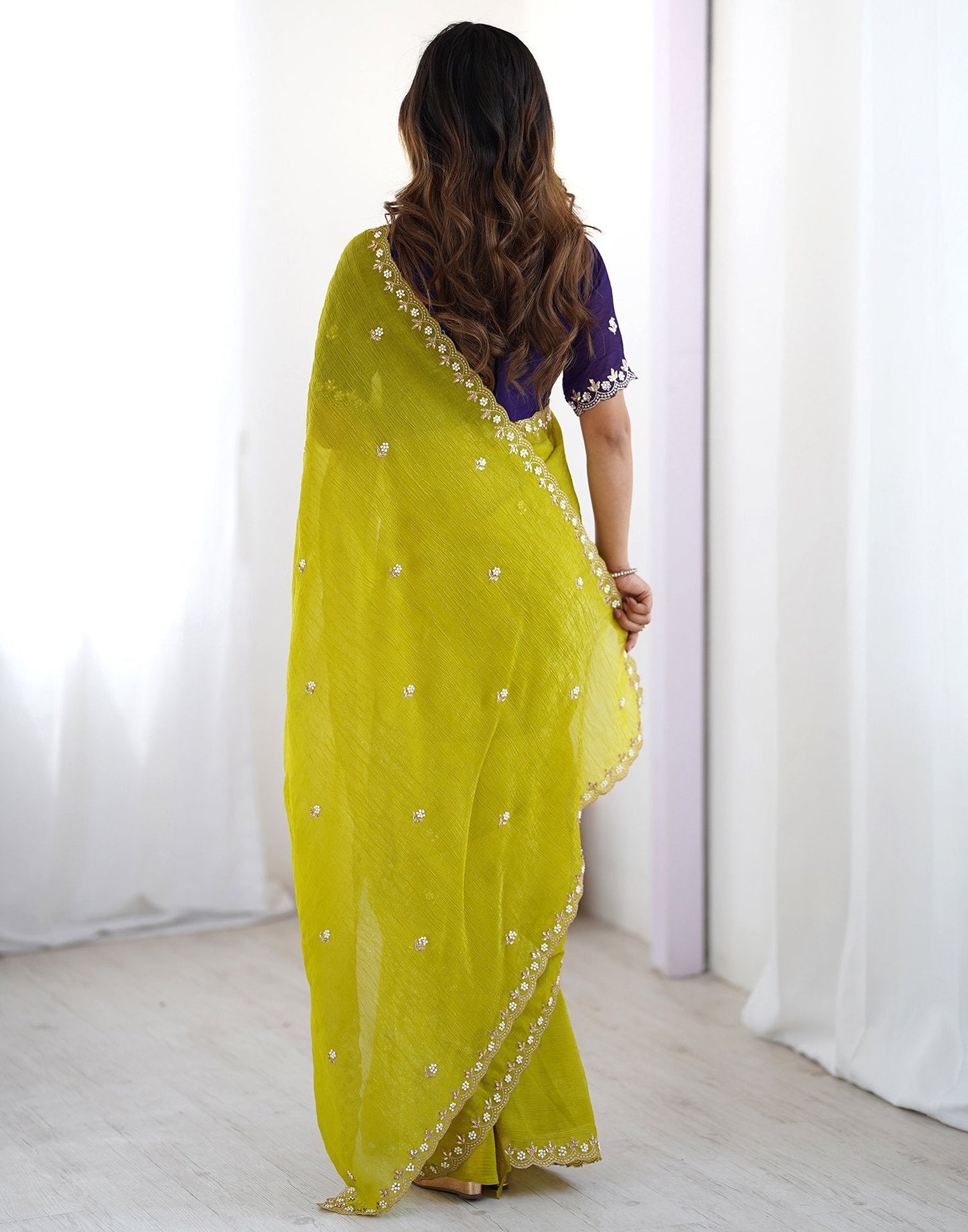 Premium Soft Chinon Crush party wear saree with white pearl moti embroidery