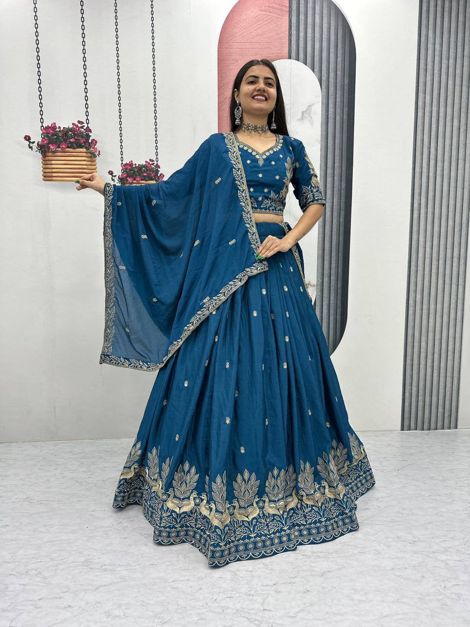 Premium Rama Blue Festive Wear Lehenga Choli with Embroidered Dupatta for Women