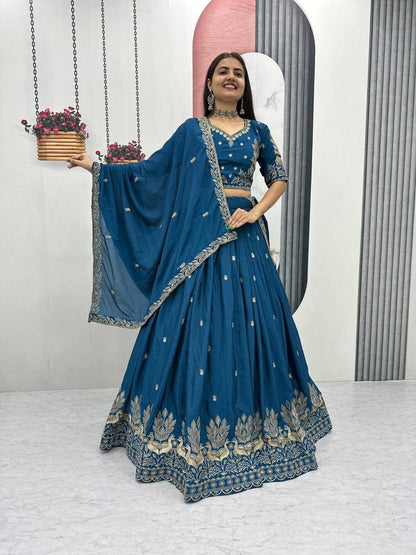 Premium Rama Blue Festive Wear Lehenga Choli with Embroidered Dupatta for Women
