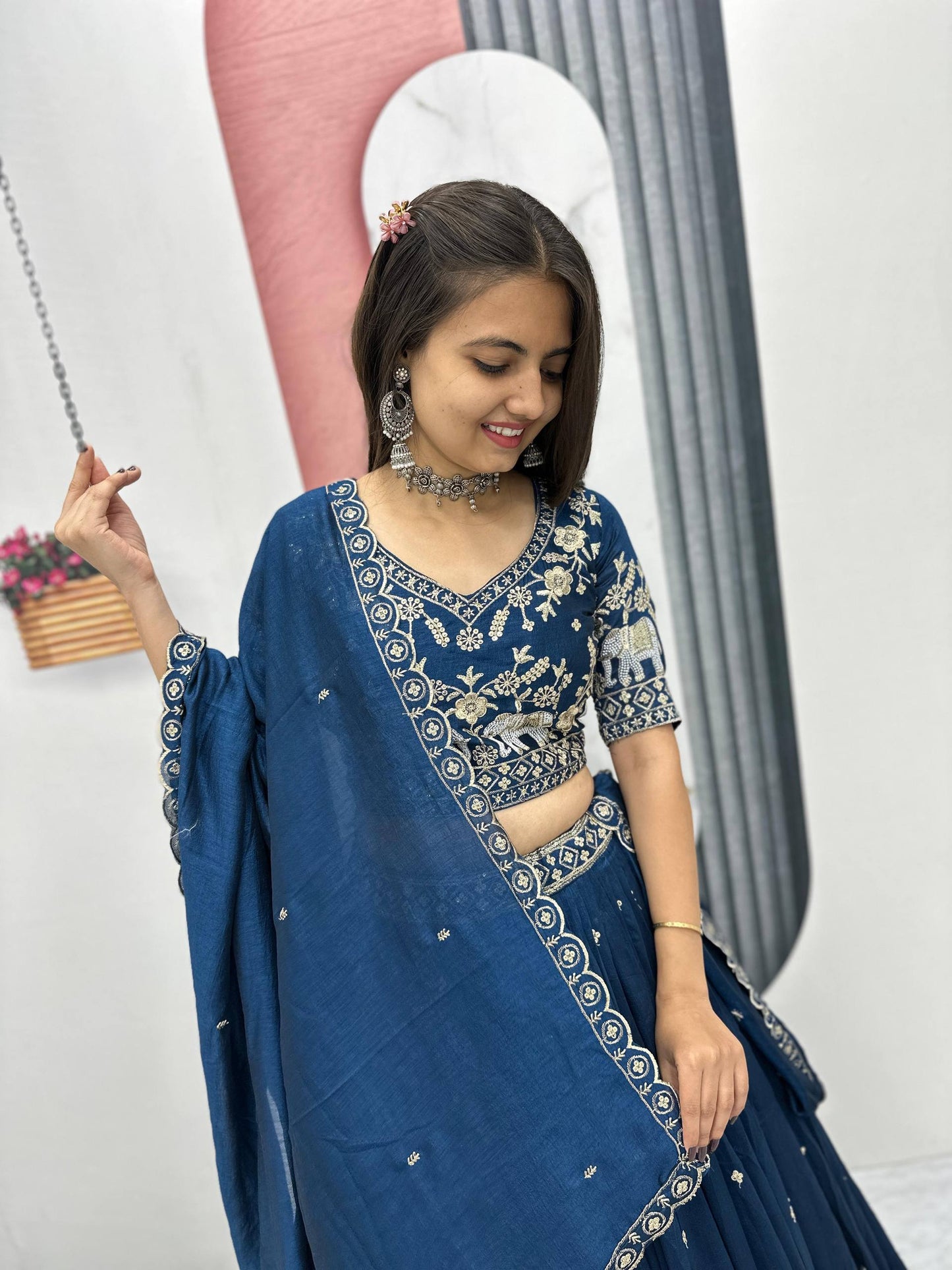 Premium rama blue party wear lehenga choli with floral embroidery for festive occasions