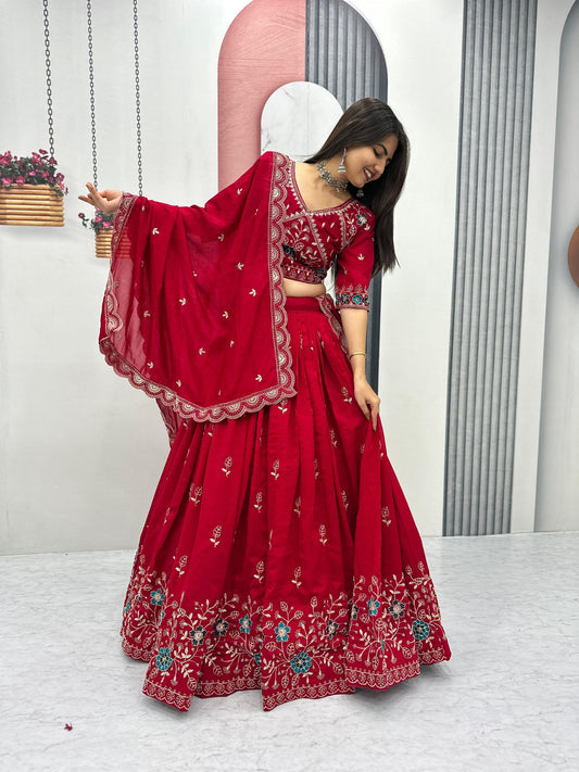 Premium red ethnic lehenga choli with intricate floral embroidery and elegant dupatta