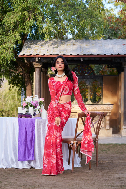 Premium red soft georgette floral printed saree with unstitched blouse