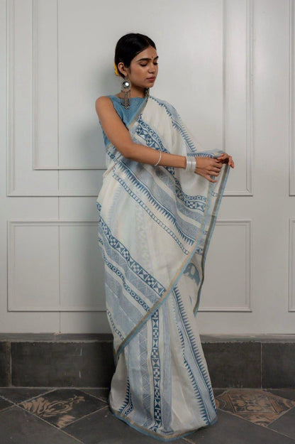 Premium white and sky blue printed linen cotton saree for festive and office wear