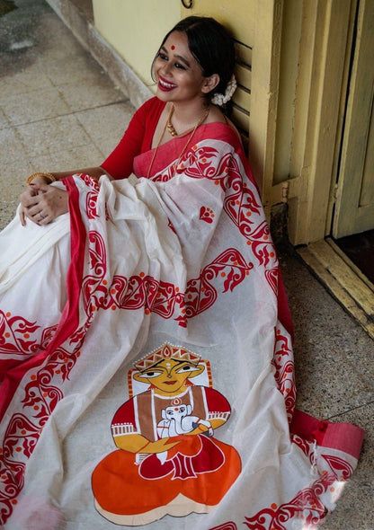 Premium White and Red Linen Cotton Saree with Wax Finish, Digital Print and Soft Linen Blouse