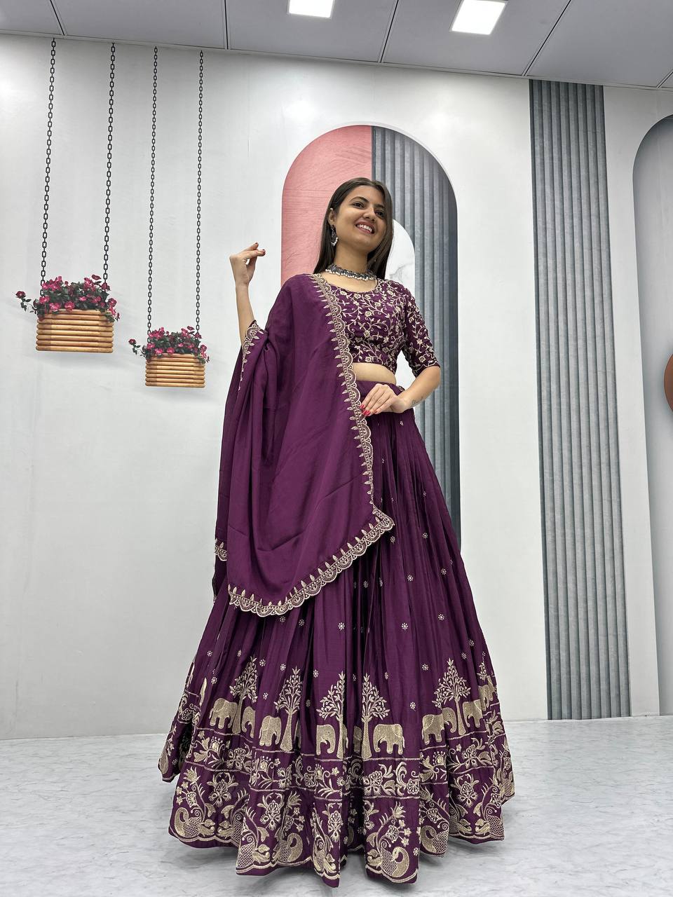 Premium Wine Chinon Silk Ethnic Lehenga Choli Set for Women