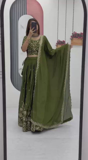Traditional Olive Green Chinon Silk Lehenga Choli for Wedding and Festive Wear