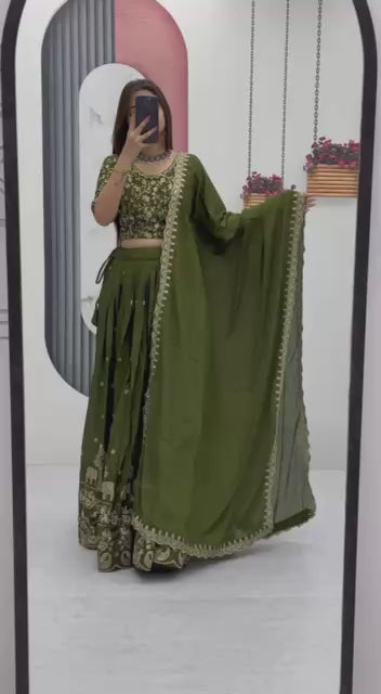 Traditional Olive Green Chinon Silk Lehenga Choli for Wedding and Festive Wear