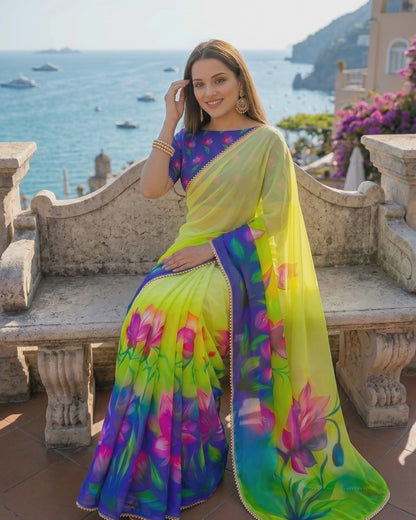 Premium Floral Print Georgette Saree with Elegant Moti Lace Border & Running Blouse | Designer Party Wear Saree