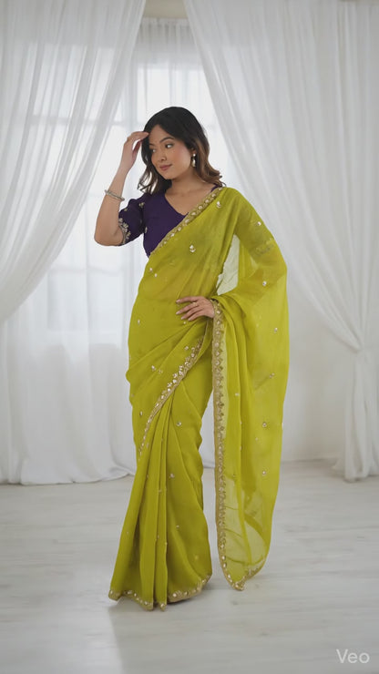 Premium Soft Chinon Crush Saree | Zari Embroidery with White Pearl Moti Work | Designer Party Wear Saree