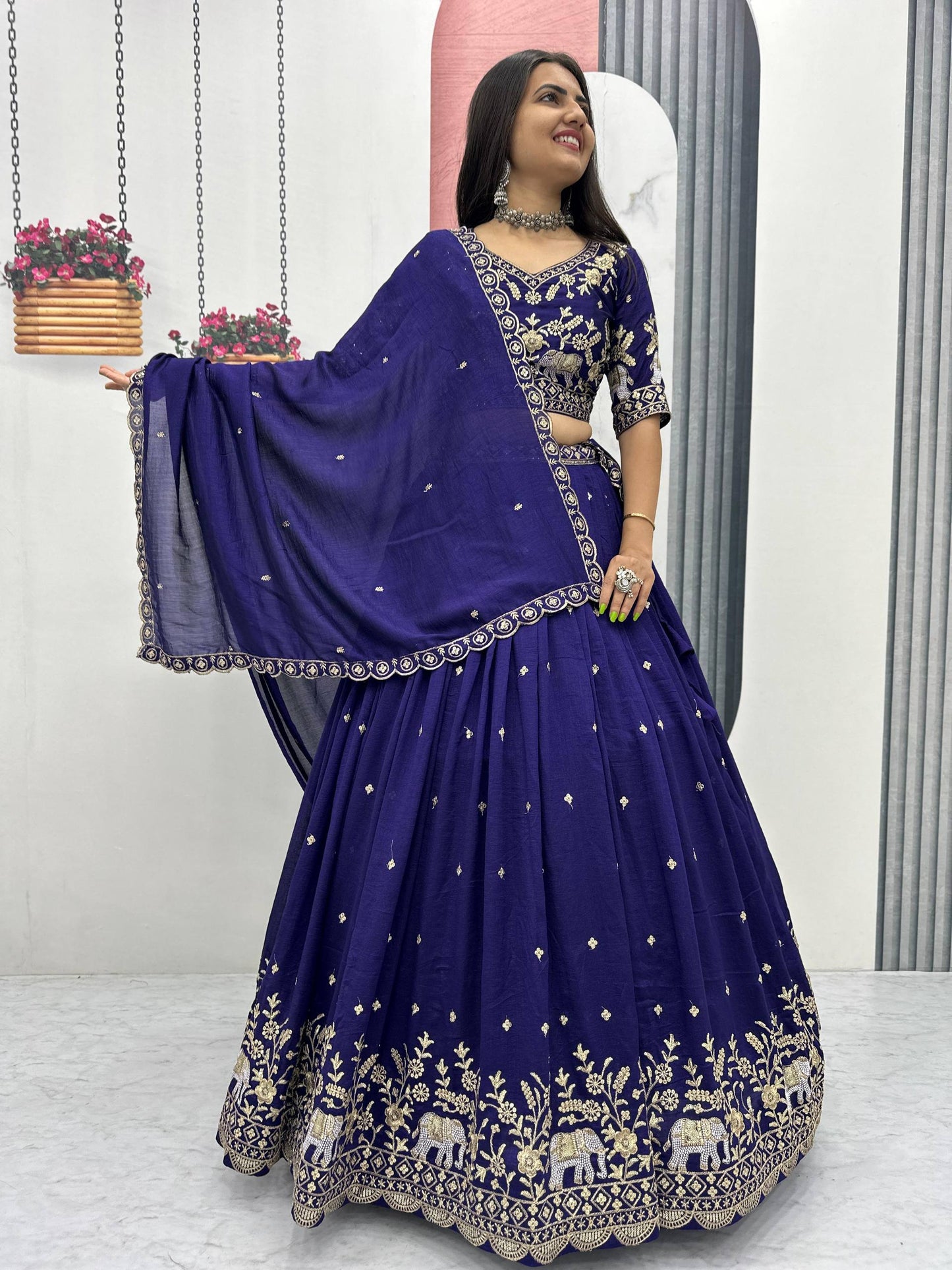 Navy Blue Pure Chinon Lehenga Choli with Heavy Embroidery Work and Dupatta