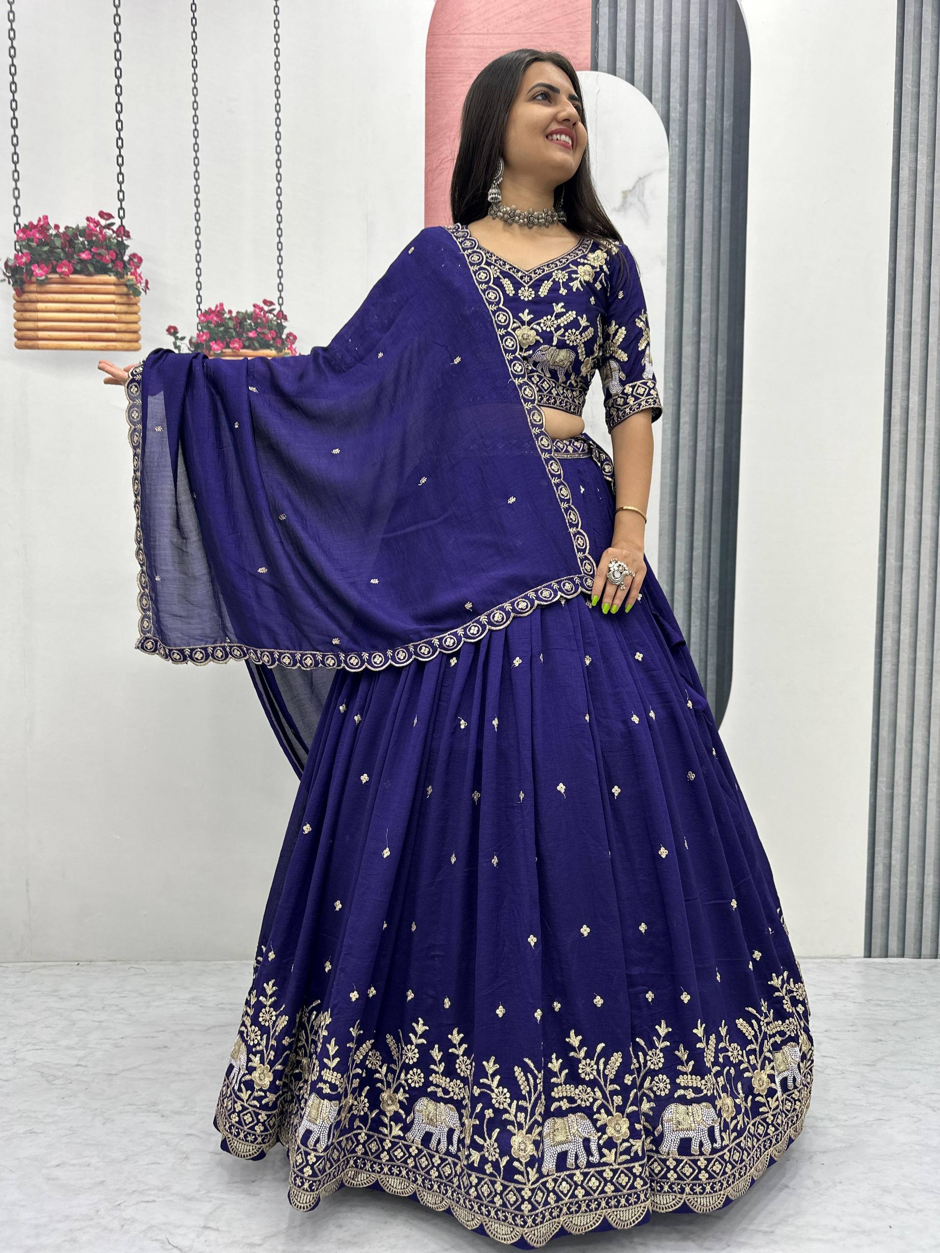 Navy Blue Pure Chinon Lehenga Choli with Heavy Embroidery Work and Dupatta