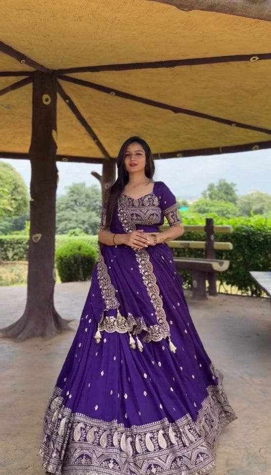 Pure Chinon Lehenga Choli with Heavy Embroidery Thread Work Front View