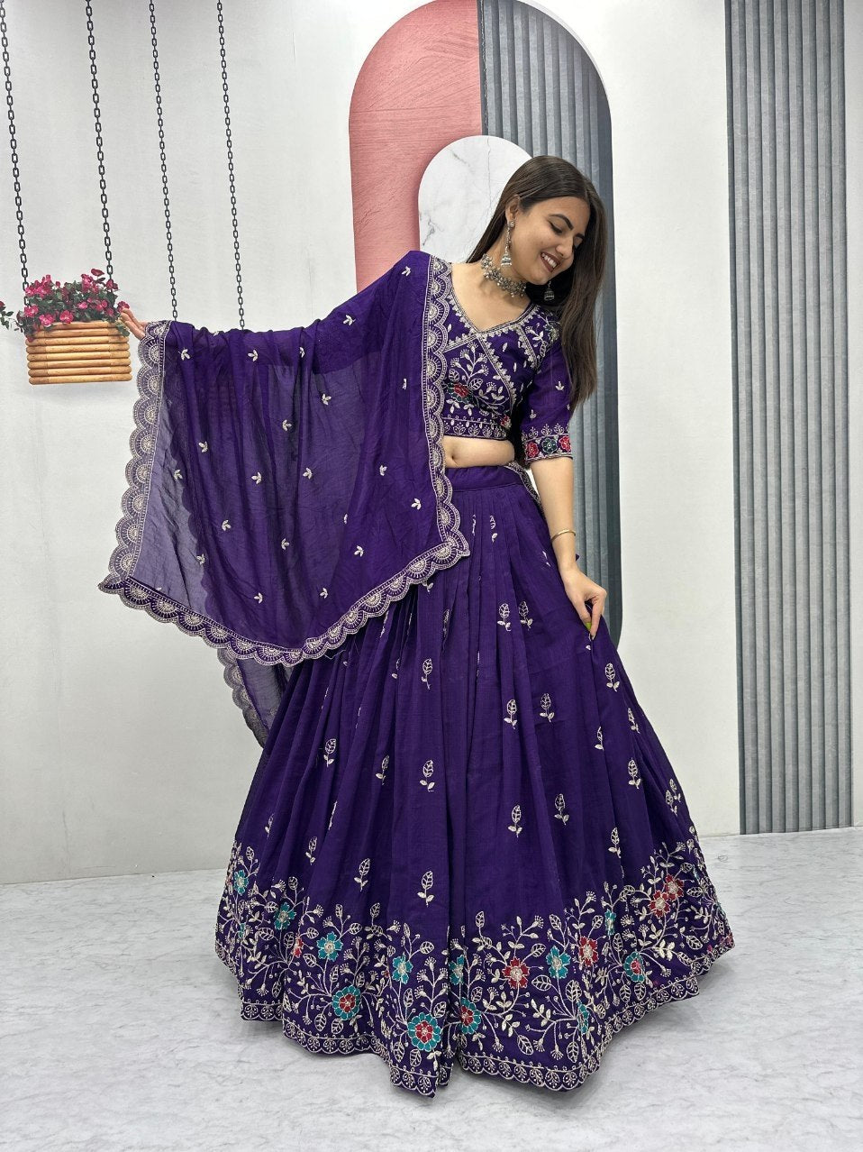 Purple embroidered lehenga choli for women with matching dupatta for wedding wear