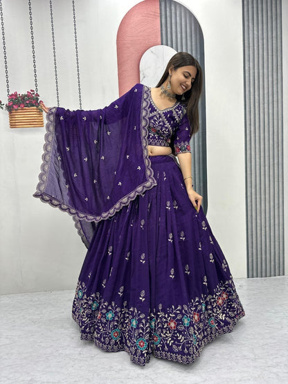 Purple embroidered lehenga choli for women with matching dupatta for wedding wear