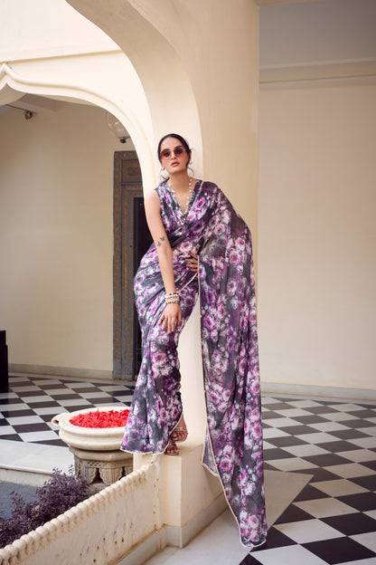 Purple floral printed Soft Georgette saree with premium Moti lace border front view.