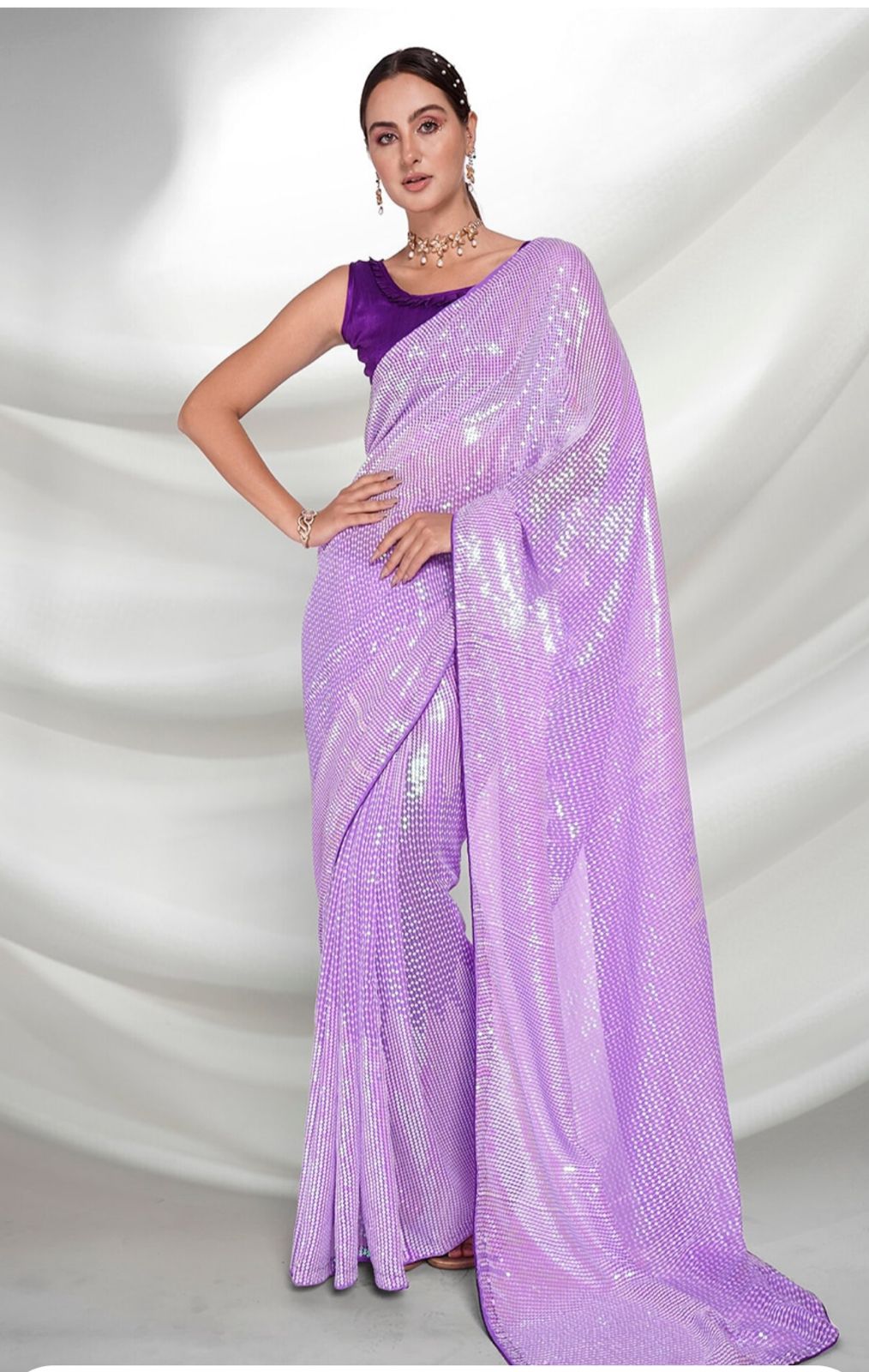 Purple Heavy Georgette Saree with Double Run Sequins Embroidery for Women