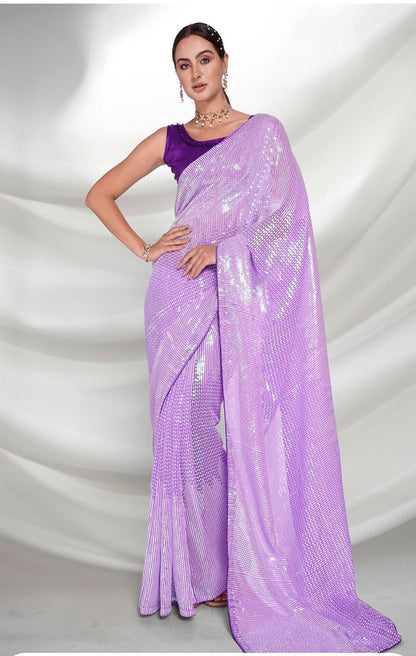 Purple Heavy Georgette Saree with Double Run Sequins Embroidery for Women