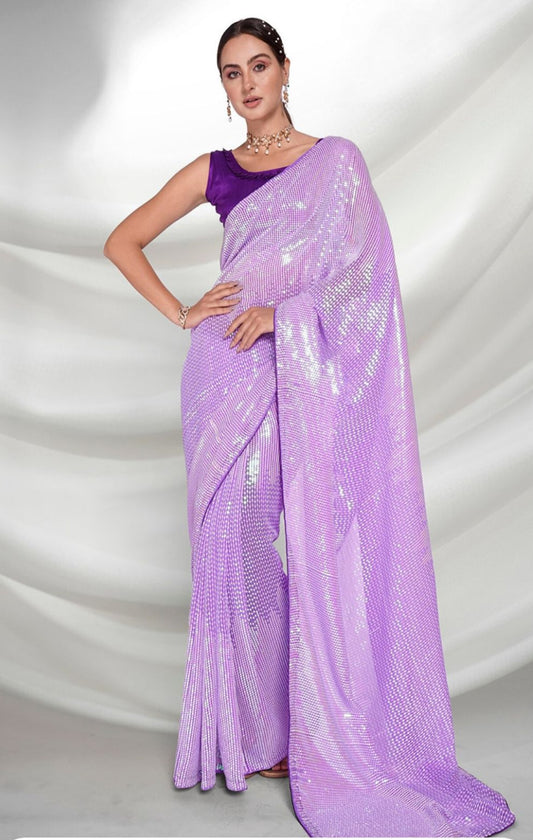 Purple Heavy Georgette Saree with Double Run Sequins Embroidery for Women